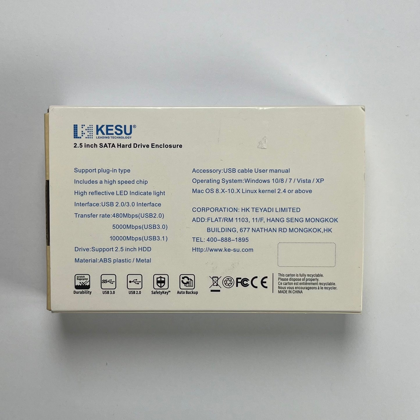 KESU 2.5” USB 3.0 External HDD/SSD Enclosure | SATA to USB High-Speed Drive Case | Tool-Free Portable Storage